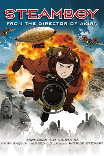 The movie poster for Steamboy, featuring a boy riding a vehicle consisting of a ball which spews steam to propel itself. Steam-powered soldiers wearing plate armor and a blimp are in the background.