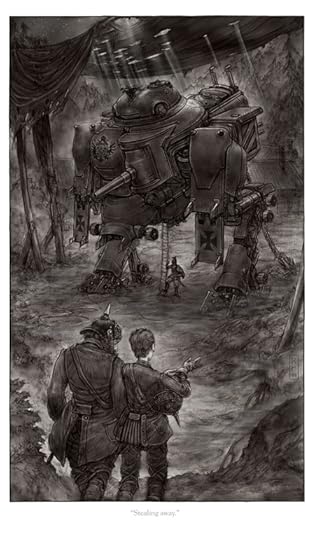 An illustration of a man and boy dressed in approximately WWI attire approaching a mech.