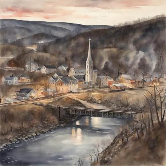 A serene watercolor landscape depicting a small town nestled in the hills, featuring a church with a tall steeple, quaint houses, and a river reflecting the light of the setting sun.