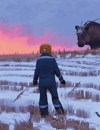 a young boy sees a cybernetic bison boar