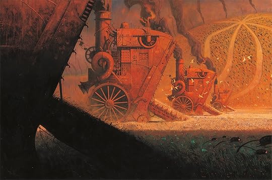 giant red machines moving in sync across what looks like a field of wheat; Tan's caption is 'They ate our grass'.