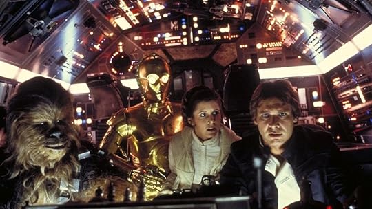 Han Solo, Princess Leia, Chewie, and C-3PO in the cockpit of the Millennium Falcon.