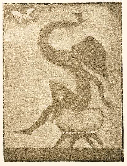 A gauzy, soft-focus profile drawing of a creature that has a slender human body with the ears and trunk of an elephant. It is sitting on a stool, with its feet pulled off the ground and its trunk curving into the air. There is no face.