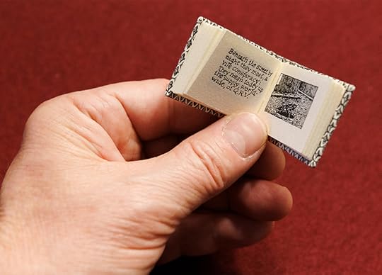 A miniature book is held open in front of a red velvet background.