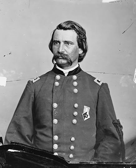A half-potrait of John A. Logan, seated in military uniform in front of a blank background. He is sombre, looking slightly off camera, with a thick hair and a heavy moustache.