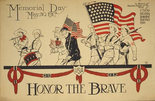Poster shows drawing of two or three veterans from the U.S. Revolutionary War, the Civil War and World War I marching in a two, with two U.S. flags prominent.