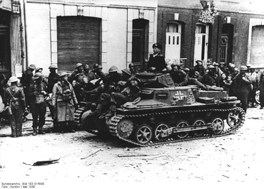 British prisoners of war in Calais, France, May 1940; Panzer I light tank in foreground (German Federal Archive, Bild 183-B14898)
