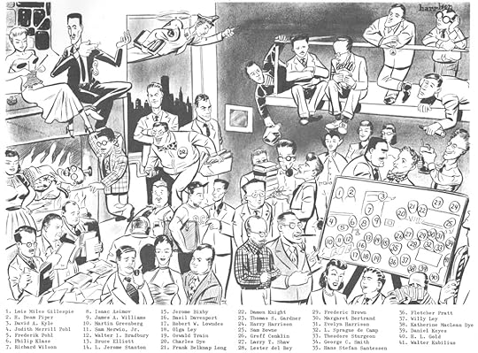 Harry Harrison's cartoon drawing showing 41 members of the Hydra Club
