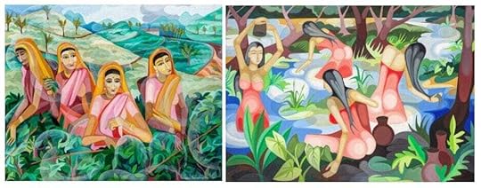Left to right: Senaka Senanayake (B.1951), Untitled (Tea Pickers). Estimate: £25,000 - £35,000. Senaka Senanayake (B.1951), Untitled (Bathers). Estimate: £25,000 - £35,000.