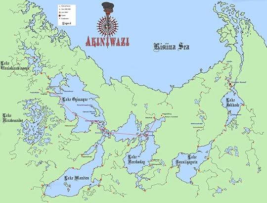 A map of the Akiniwazi region, featuring lakes, rivers, and marked points of interest, with a decorative title and compass.