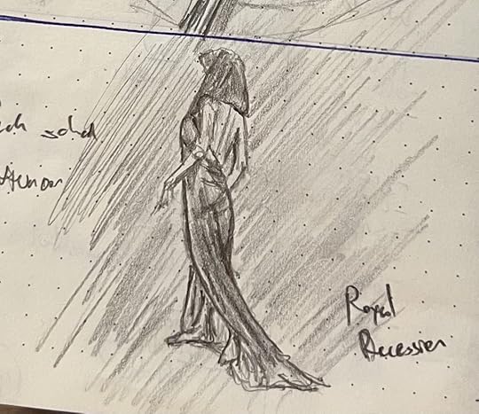 A pencil sketch of a shrouded woman gracefully receeding.