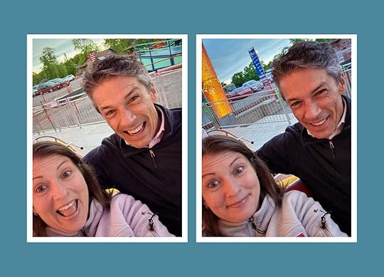 selfies of AJ and Peter at a theme park