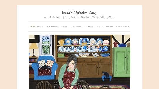 A screenshot of the Jama's Alphabet Soup homepage with an orange background and a colorful picture of a woman in front of a dresser