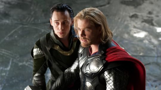 Chris Hemsworth and Tom Hiddleston as Thor and Loki in full costume
