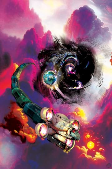 A futuristic spacecraft navigating through a vibrant and colorful nebula, with swirling clouds and celestial elements in the background.