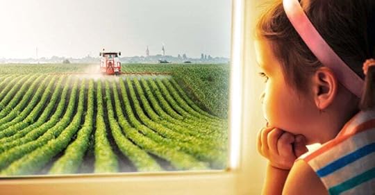 girl looking at tractor spraying pesticides
