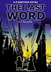 Black and white photo on dark blue, fading to yellow background showing a street with two old ladies (cartoon silhouettes against the yellow bottom section). They are holding a cage with the silhouette of a parrot in it.