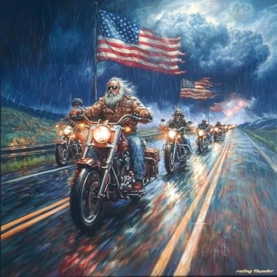 A group of motorcycle riders with varying appearances and attire, riding through a rain-soaked landscape under a dramatic cloudy sky, while multiple American flags wave in the background.