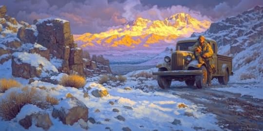 A man sitting on an old truck parked on a snowy road, surrounded by rocky terrain and snow-capped mountains in the background, illuminated by a warm sunset.