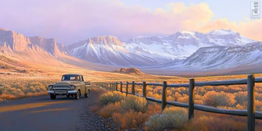 A vintage pickup truck parked on a dirt road surrounded by expansive fields and mountains during sunset, with warm hues illuminating the scenery.