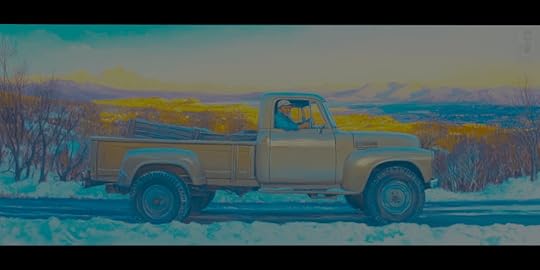 A vintage pickup truck driving along a snowy road with mountains in the background, featuring a person inside the truck.