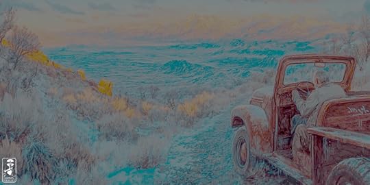 A vintage truck parked on a dirt road overlooking a scenic landscape with mountains and a blue sky in the background.