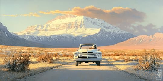 A vintage white truck driving on a dirt road with mountains and a colorful sky in the background.