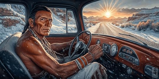 A Native American man driving an old truck, gazing out the window at a sunset over snowy mountains and a dirt road.