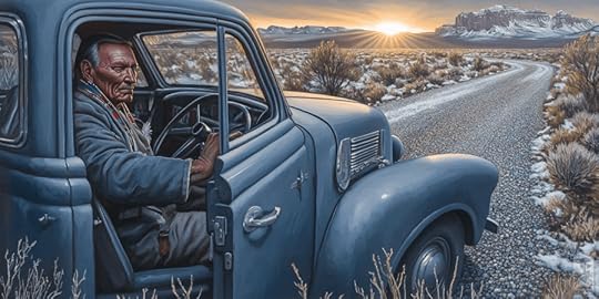 A man in traditional attire seated in an old blue truck, gazing out towards a sunset over a rugged landscape with a winding gravel road.