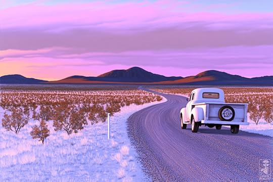 A vintage white pickup truck driving down a winding dirt road through a sparse desert landscape, with purple and pink hues in the sky at sunset.