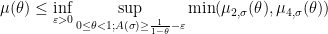 \displaystyle \mu(\theta) \leq \inf_{\varepsilon>0} \sup_{0 \leq \theta<1; A(\sigma) \geq \frac{1}{1-\theta}-\varepsilon} \min( \mu_{2,\sigma}(\theta), \mu_{4,\sigma}(\theta) )