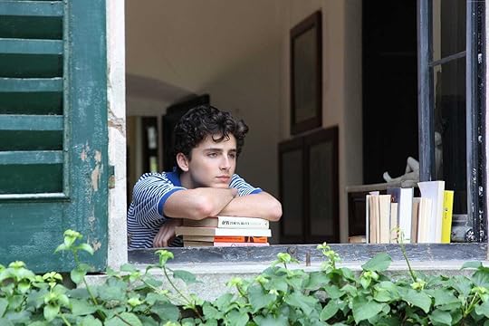 Timothée Chalamet leans on a stack of books and looks out a window in