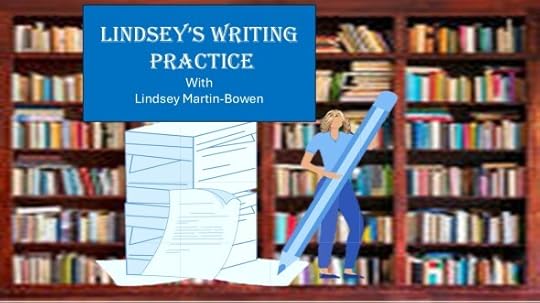 Woman with giant pencil standing next to stack of giant papers. Bookshelves in the background.Text: Lindsey's Writing Practice with Lindsey Martin-Bowen