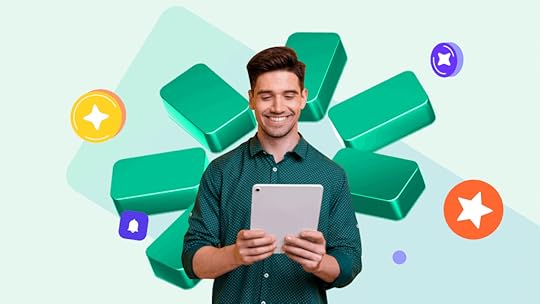 graphic happy employee using a learning management system LMS at work
