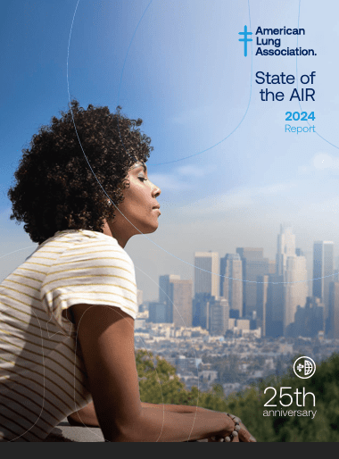 Cover of the American Lung Association's 2024 'State of the Air' report, featuring a woman looking towards a city skyline.