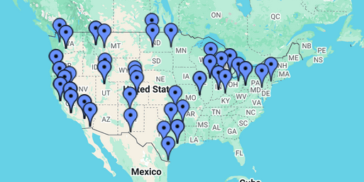 Map of the United States highlighting cities with high levels of air pollution, represented by blue markers scattered across the country.