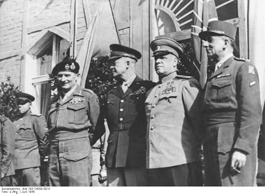 Allied Control Council: Bernard Montgomery, Dwight Eisenhower, Georgi Zhukov, and Jean de Lattre de Tassigny in Berlin, Germany, 5 Jun 1945 (German Federal Archive: Bild 183-14059-0018)