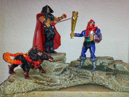 Count Marzo fights Mekaneck on the cliffs, while the hellhounds growl