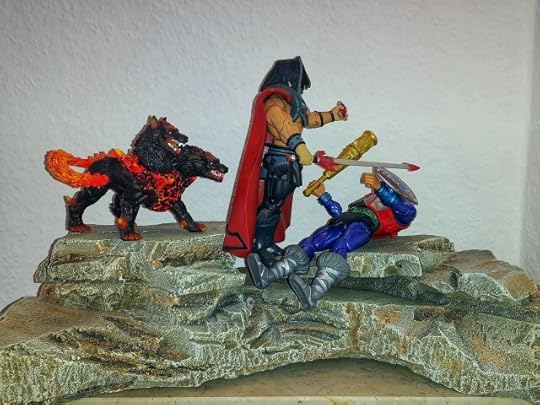 Mekaneck is down and Count Marzo towers over him with his sword, but Mekaneck deflects the strike with his shield.