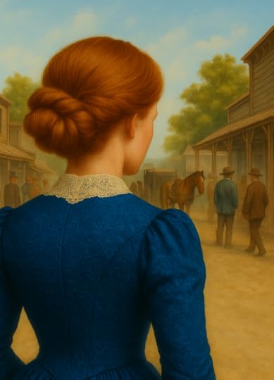Nineteenth-century woman in fancy blue gown beholding dusty town and horses.