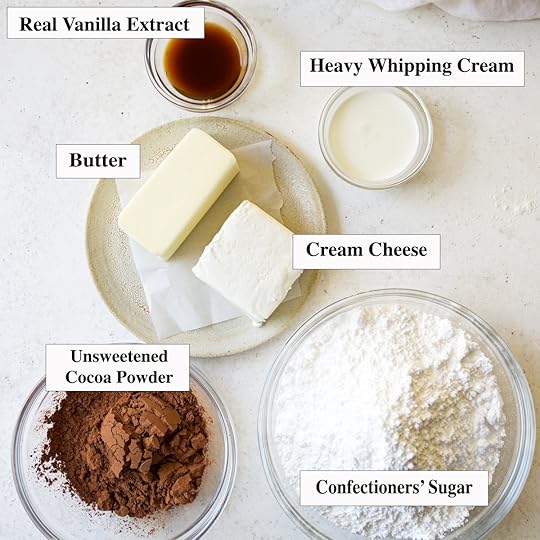 Overhead shot of ingredients for rich chocolate buttercream frosting including butter, cream cheese, confectioners' sugar, unsweetened cocoa powder, heavy whipping cream, and vanilla extract, ideal for a homemade frosting recipe.