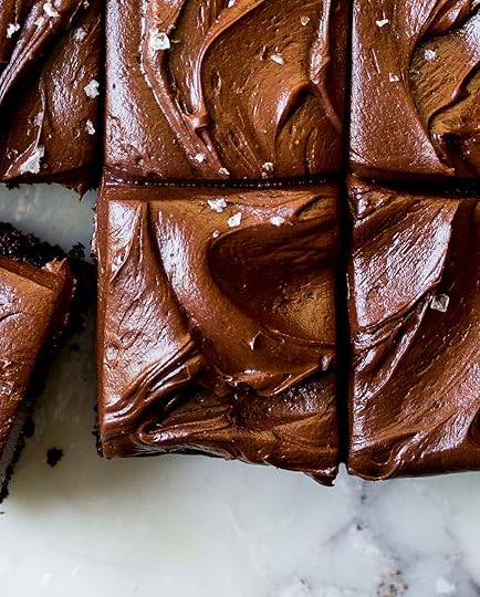 Close-up of freshly baked chocolate cake squares adorned with luscious dark chocolate icing and a delicate sprinkle of flaky finishing salt, showcasing a rich homemade dessert ready for serving.
