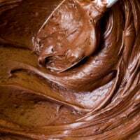 Rich chocolate buttercream frosting in a bowl with a spatula, creamy and smooth texture perfect for cakes, cupcakes, and piping, easy homemade recipe.