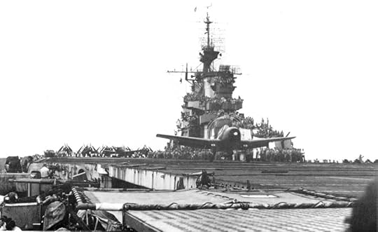 F6F Hellcats launching over the stern of carrier USS Hornet as the carrier steamed in reverse at 18.5 knots, avoiding the typhoon damage to the leading edge of the flight deck, 6 Jun 1945 (US Navy photo)