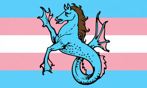 trans pride flag with a blue hippocampus, or water horse, in the center. The fins are pink, and the mane is brown.