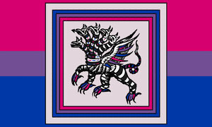 bisexual pride flag with concentric squares of white, blue, purple, and pink in the center. In the center of the square, on a field of white, is a five-headed hydra with a four-legged body. The hydra is black and white striped, has blue, purple, and pink wings and claws, and is wearing a white collar with the flag colors on it.