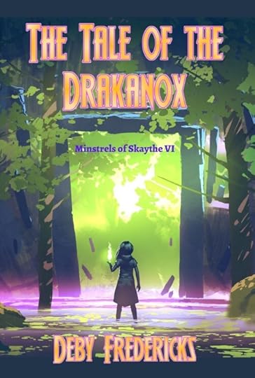 in a dark magical jungle, a young girl faces a bright green, glowing doorway. Text reads 