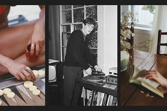 Three analog scenes: a woman playing backgammon, a man using a record player, and a person reading a book at a wooden table. Here's how to unplug and lead a more analog life.