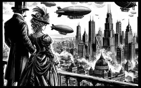 A Victorian couple overlooks Chicago, the sky filled with dirigibles.
