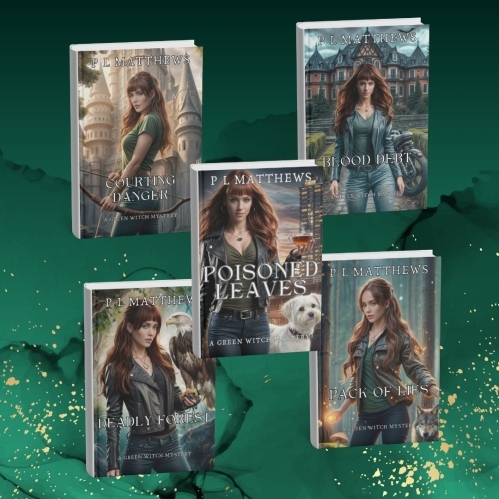 The Green Witch Mysteries series. Five book covers are displayed on a vivid green background. Each features a young woman with brown hair, wearing green clothes. A small white dog is at her side.